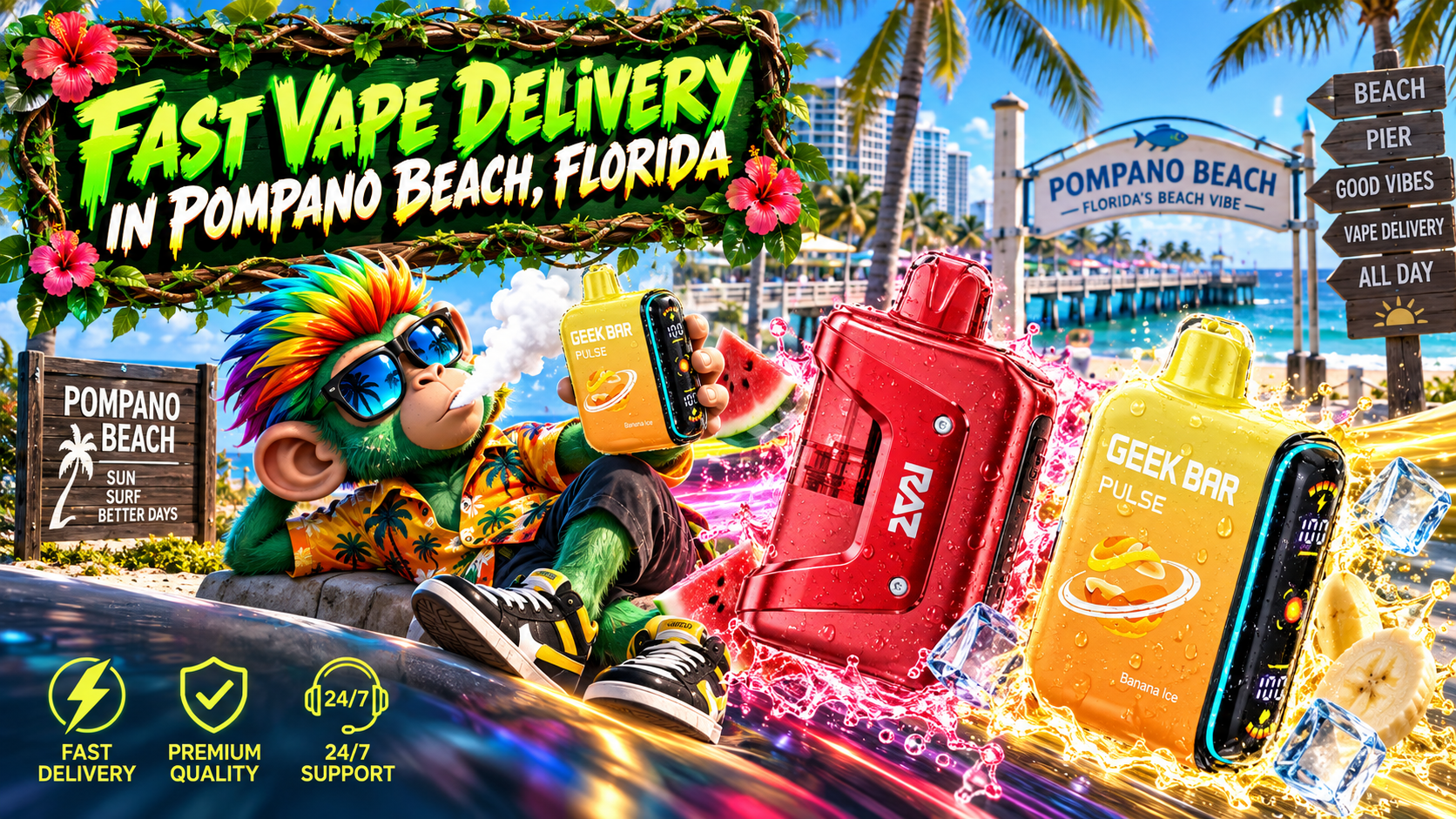Fast Vape Delivery in Pompano Beach, Florida Colorful vape devices with water splashes, ice and fruit against a sunny Pompano Beach coastal scene.