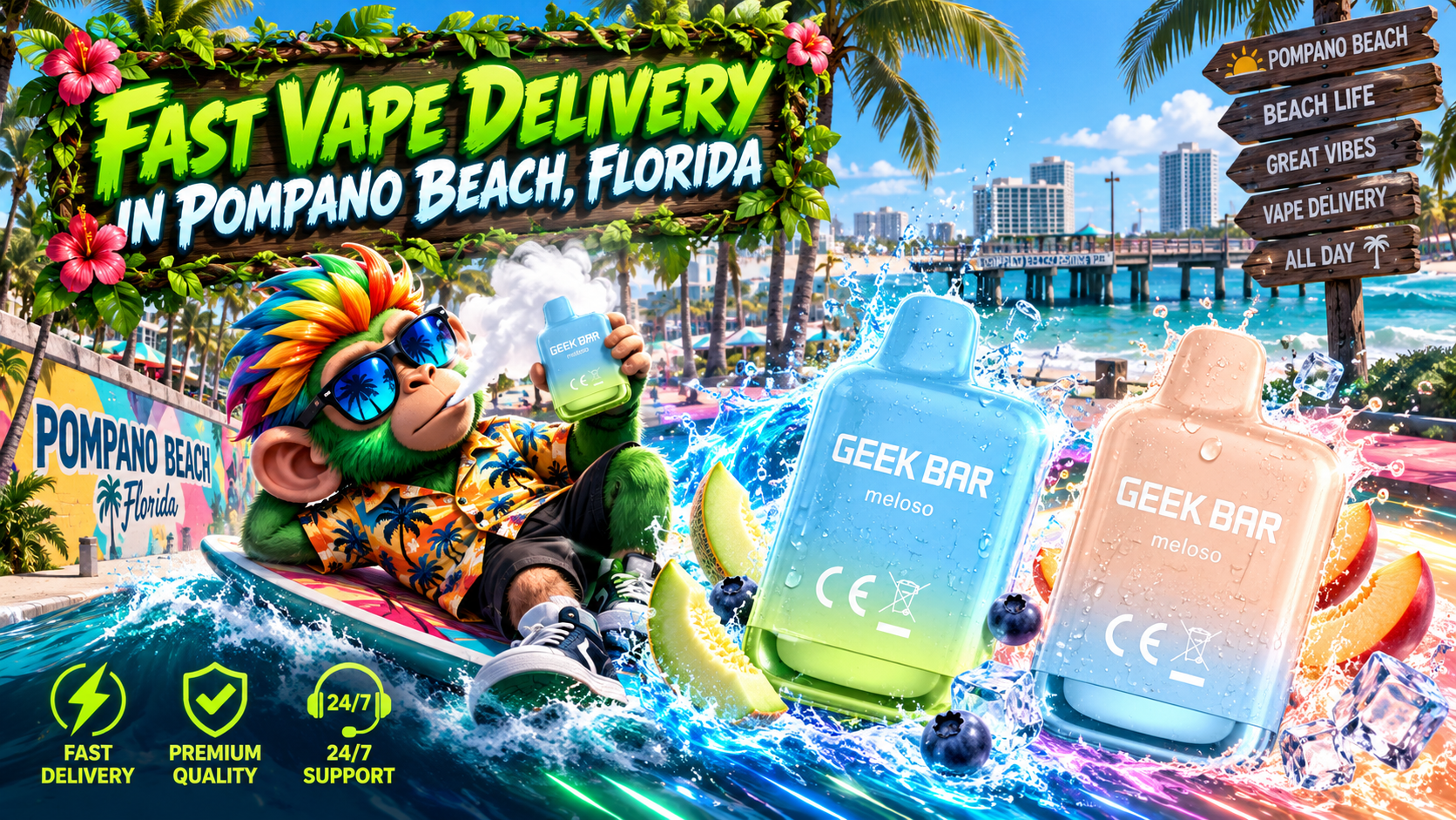 Fast Vape Delivery in Pompano Beach, Florida Colorful vape devices with water splashes, ice and fresh fruit in a vibrant Pompano Beach coastal setting.