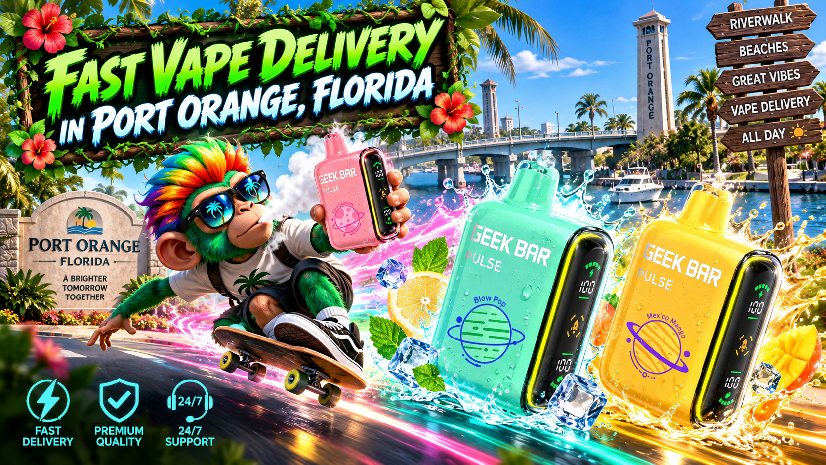 Fast Vape Delivery in Port Orange, Florida Colorful vape devices with water splashes, ice and fruit in a bright waterfront scene inspired by Port Orange, Florida.