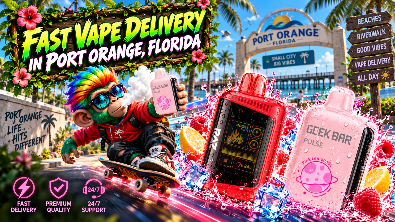 Fast Vape Delivery in Port Orange, Florida Colorful vape devices with water splashes, ice, citrus and berries in a sunny Port Orange waterfront setting.