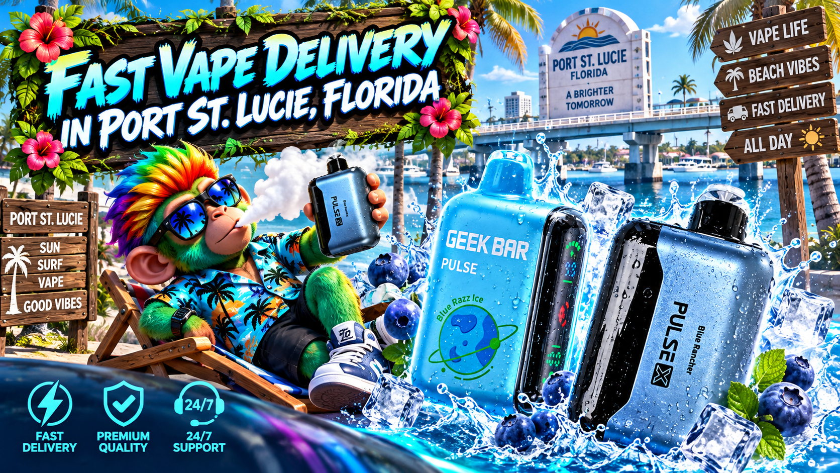 Fast Vape Delivery in Port St. Lucie, Florida Blue vape devices with water splashes, ice and berries in a sunny Port St. Lucie waterfront setting.