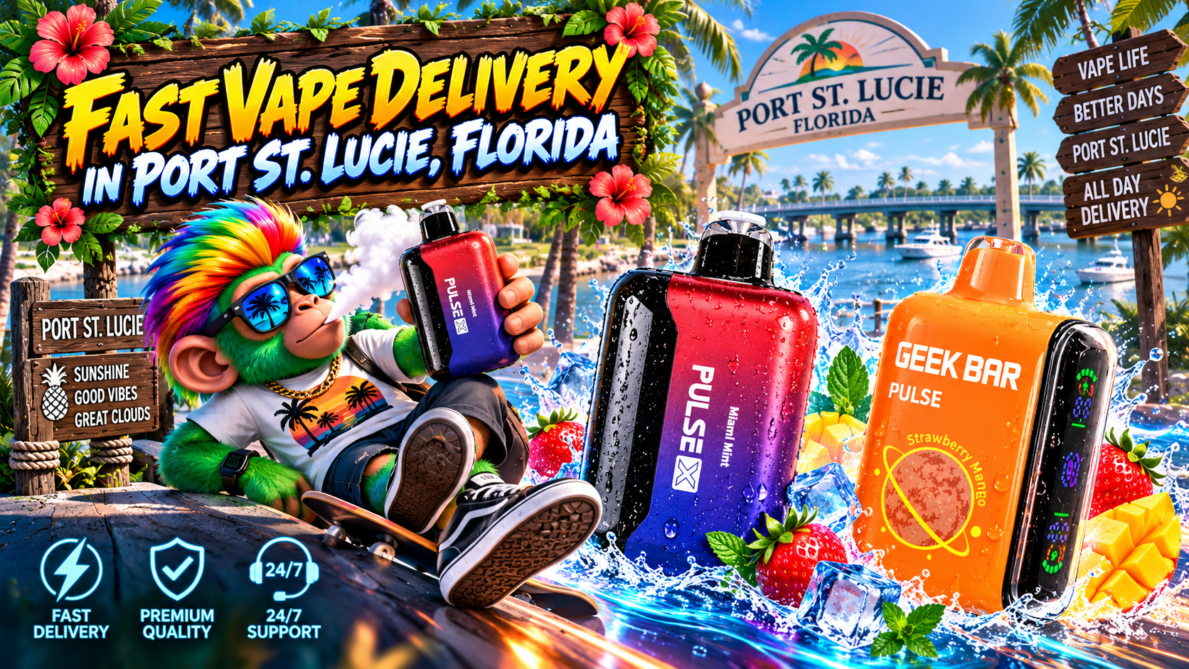 Fast Vape Delivery in Port St. Lucie, Florida Colorful vape devices with water splashes, ice and tropical fruit in a sunny Port St. Lucie waterfront scene.