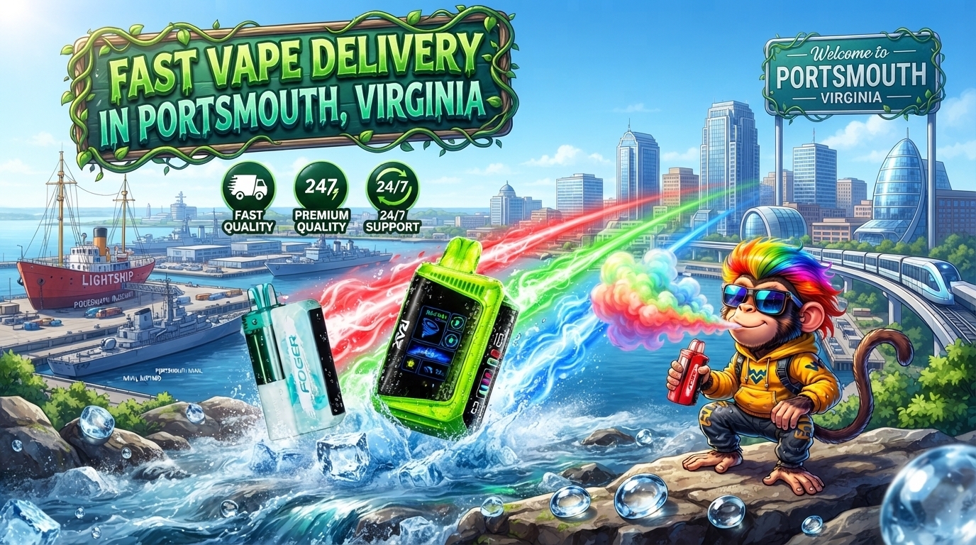 Colorful vape devices with water splashes and energy trails across a bright Portsmouth, Virginia waterfront.