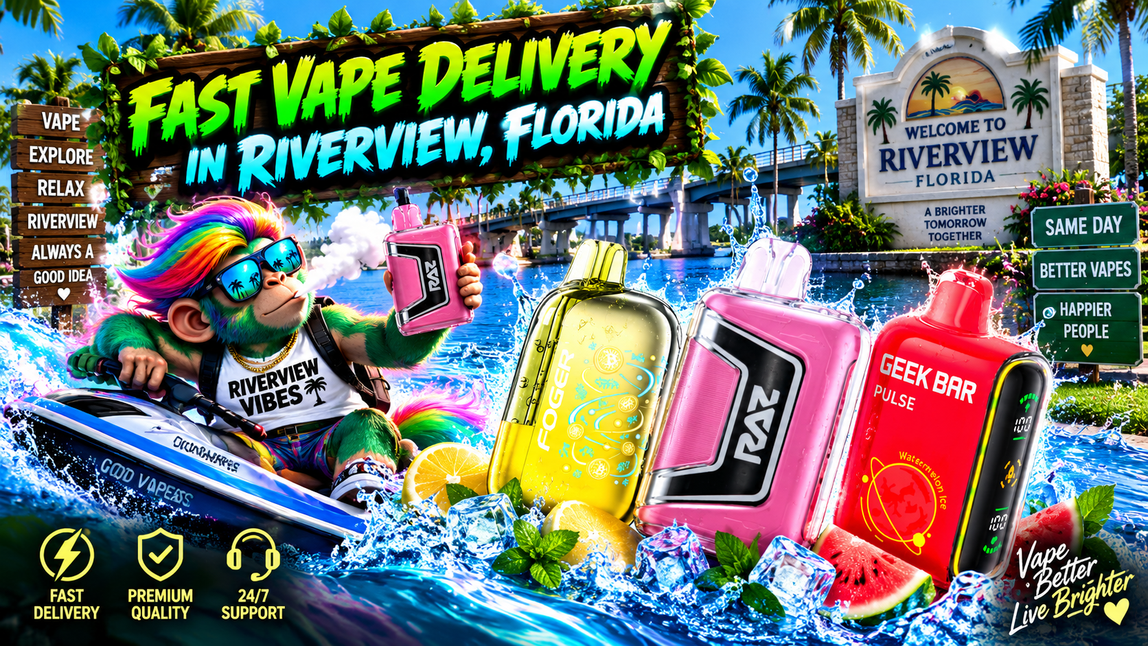 Fast Vape Delivery in Riverview, Florida Colorful vape devices with water splashes, ice and fresh fruit in a sunny tropical Riverview waterfront scene.