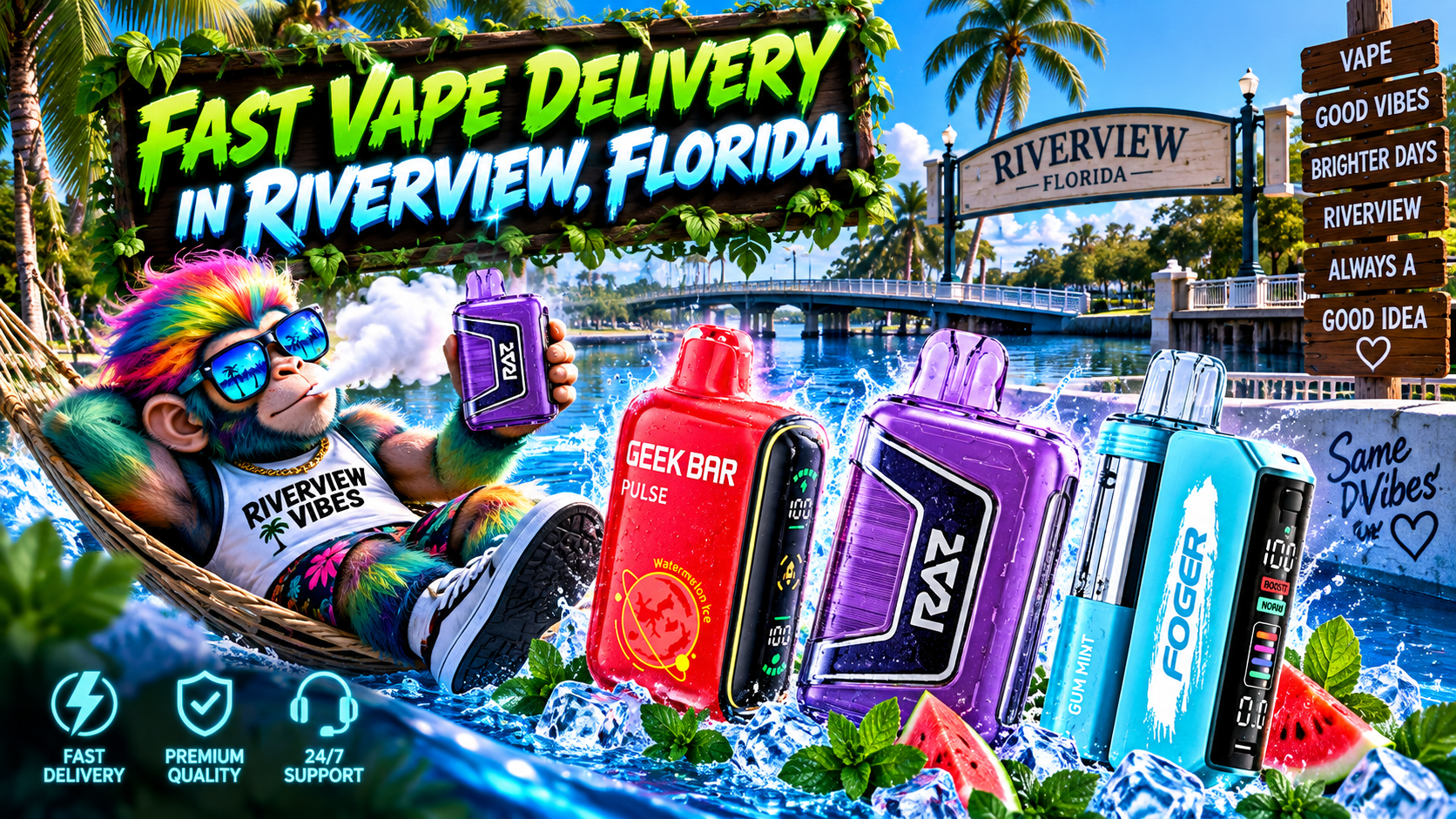 Fast Vape Delivery in Riverview, Florida Colorful vape devices with water splashes, ice and fruit in a bright tropical Riverview waterfront setting.
