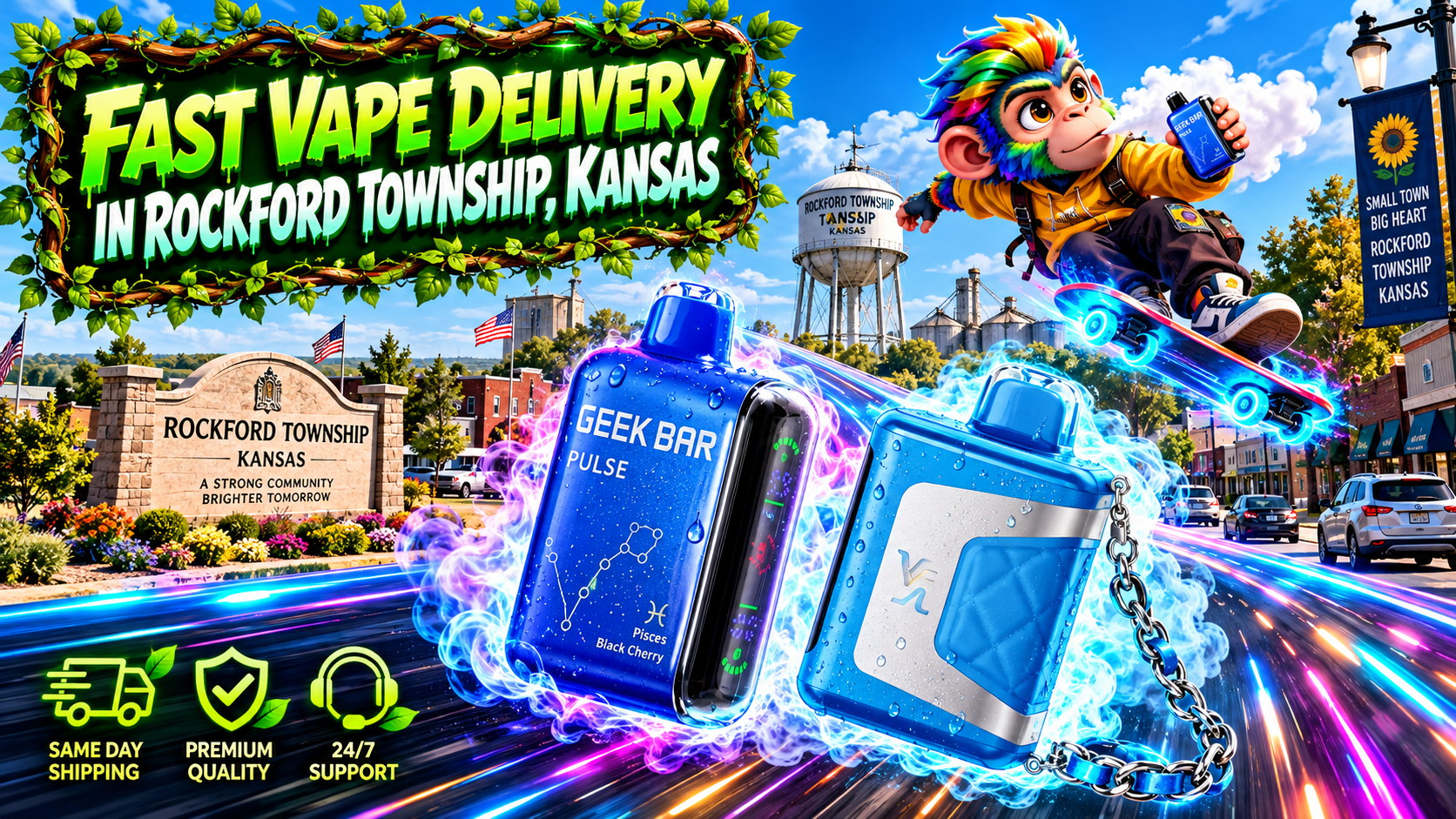 Blue devices with water droplets race through electric light trails across a vivid Rockford Township scene.
