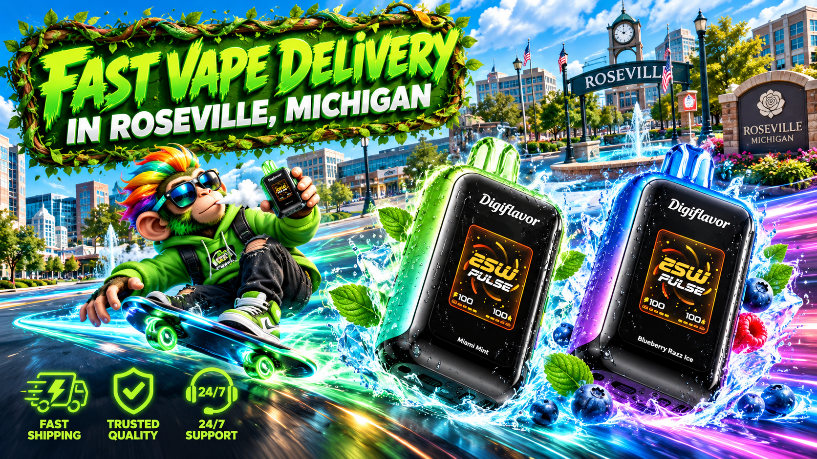 Colorful Device Shipping Scene in Roseville, Michigan Green and blue devices race through Roseville with water splashes, fresh accents, and vivid neon motion trails.