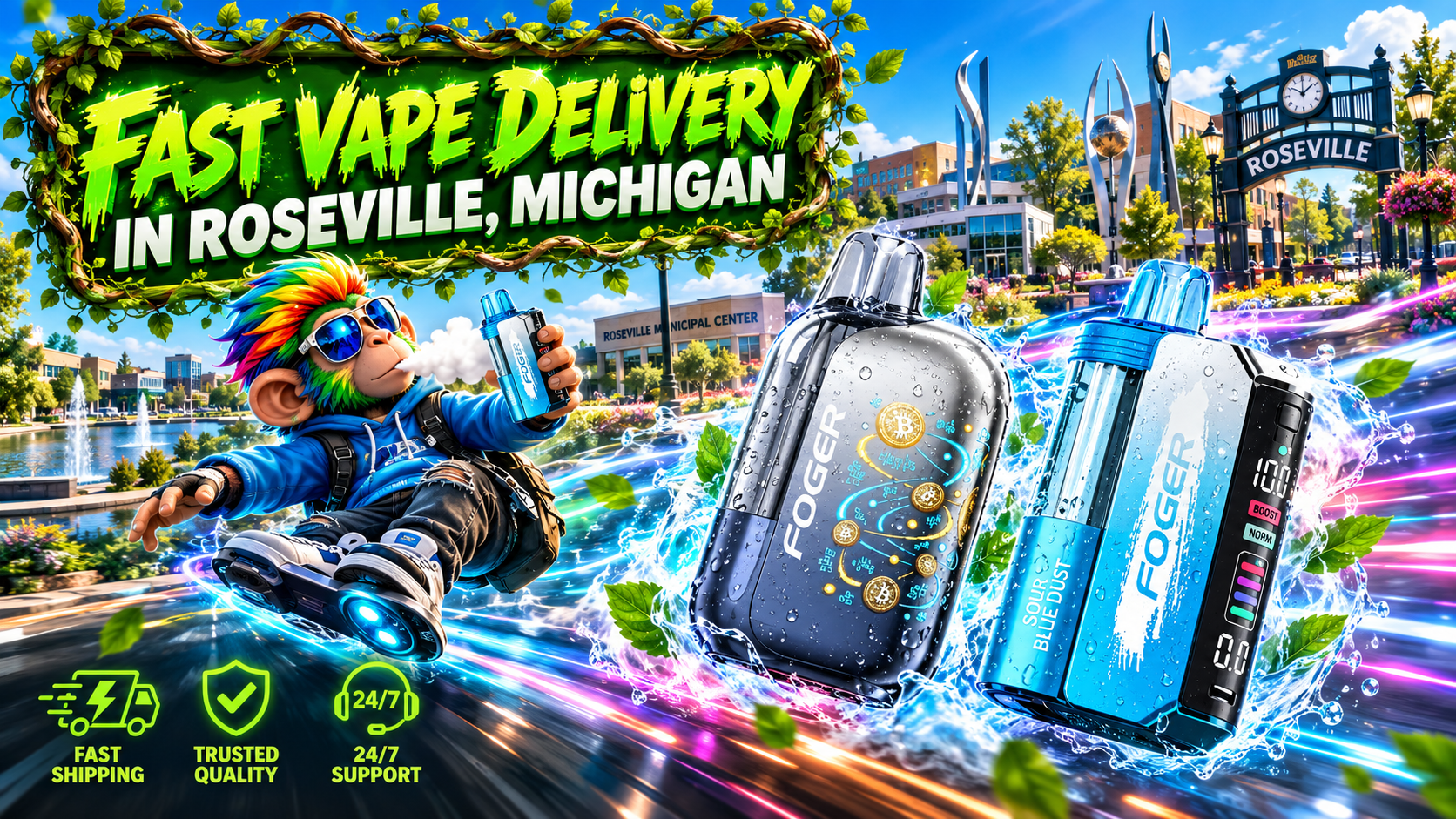 Fresh Device Shipping Visual in Roseville, Michigan Silver and blue devices sweep through Roseville with water splashes, glowing streaks, and bright city scenery.