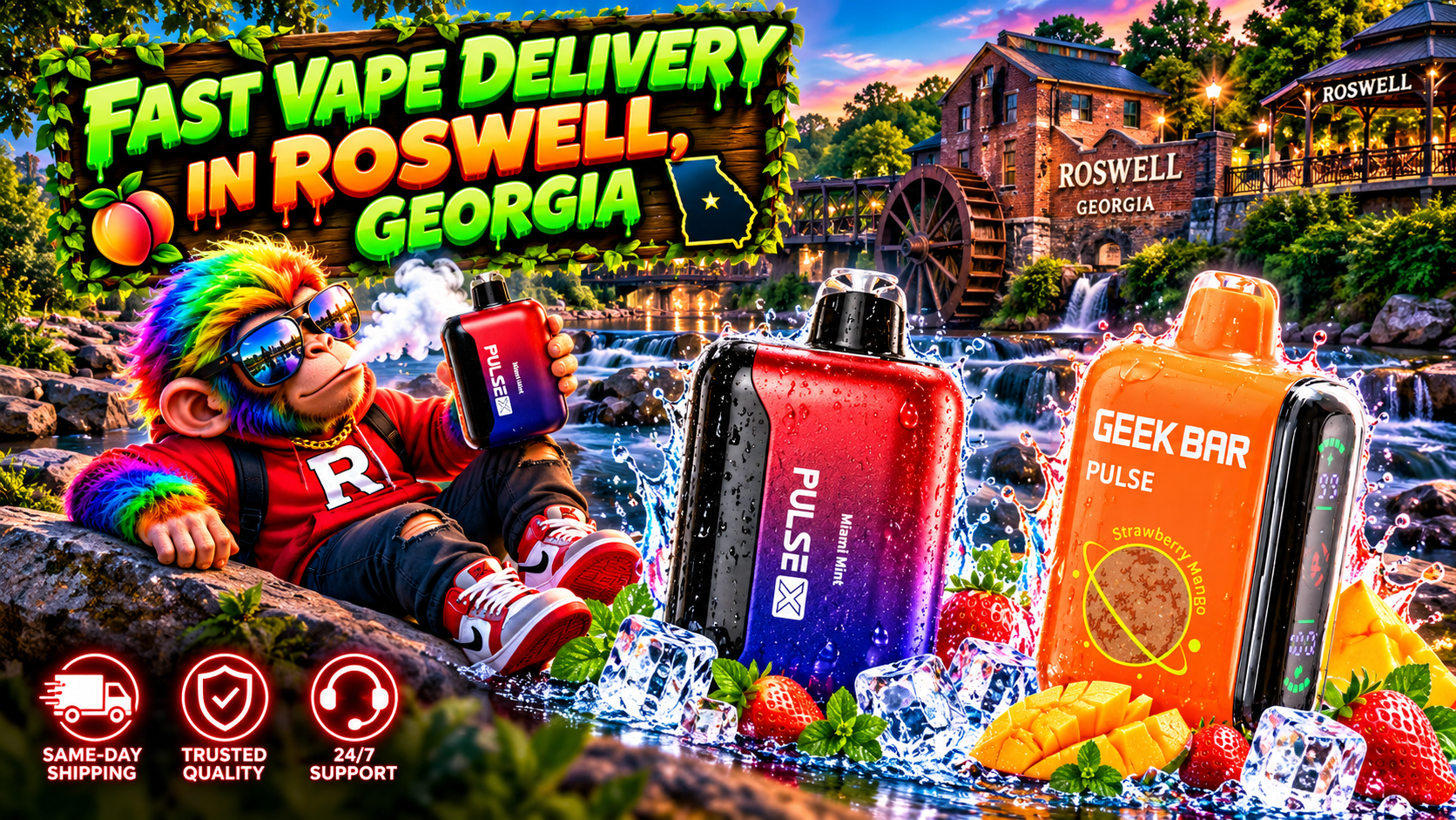 Colorful water-splashed devices stand beside a playful character in a scenic Roswell riverside setting.
