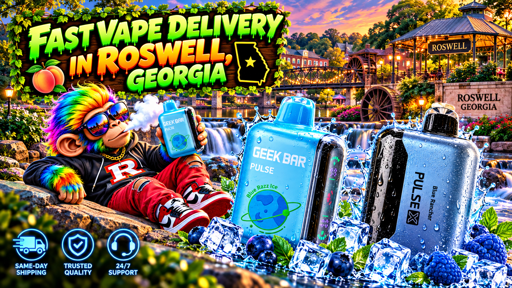 Blue water-splashed devices stand in a scenic Roswell riverside setting with a colorful playful character.