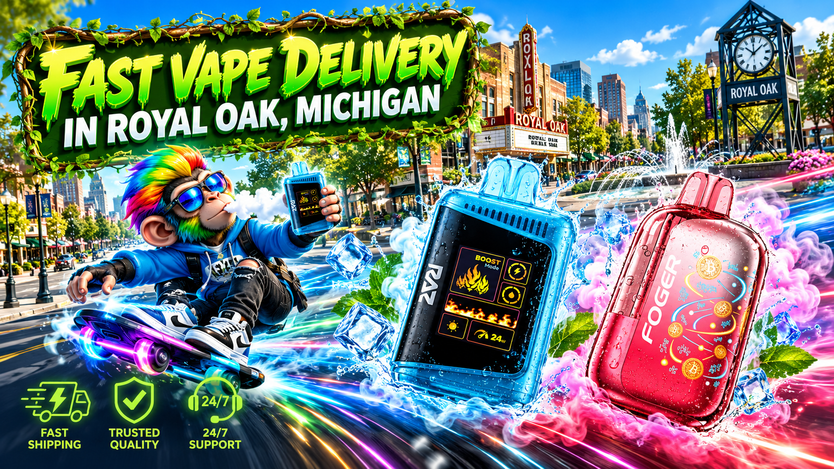 Blue and red devices race through Royal Oak with icy splashes, neon trails, and a vibrant downtown backdrop.