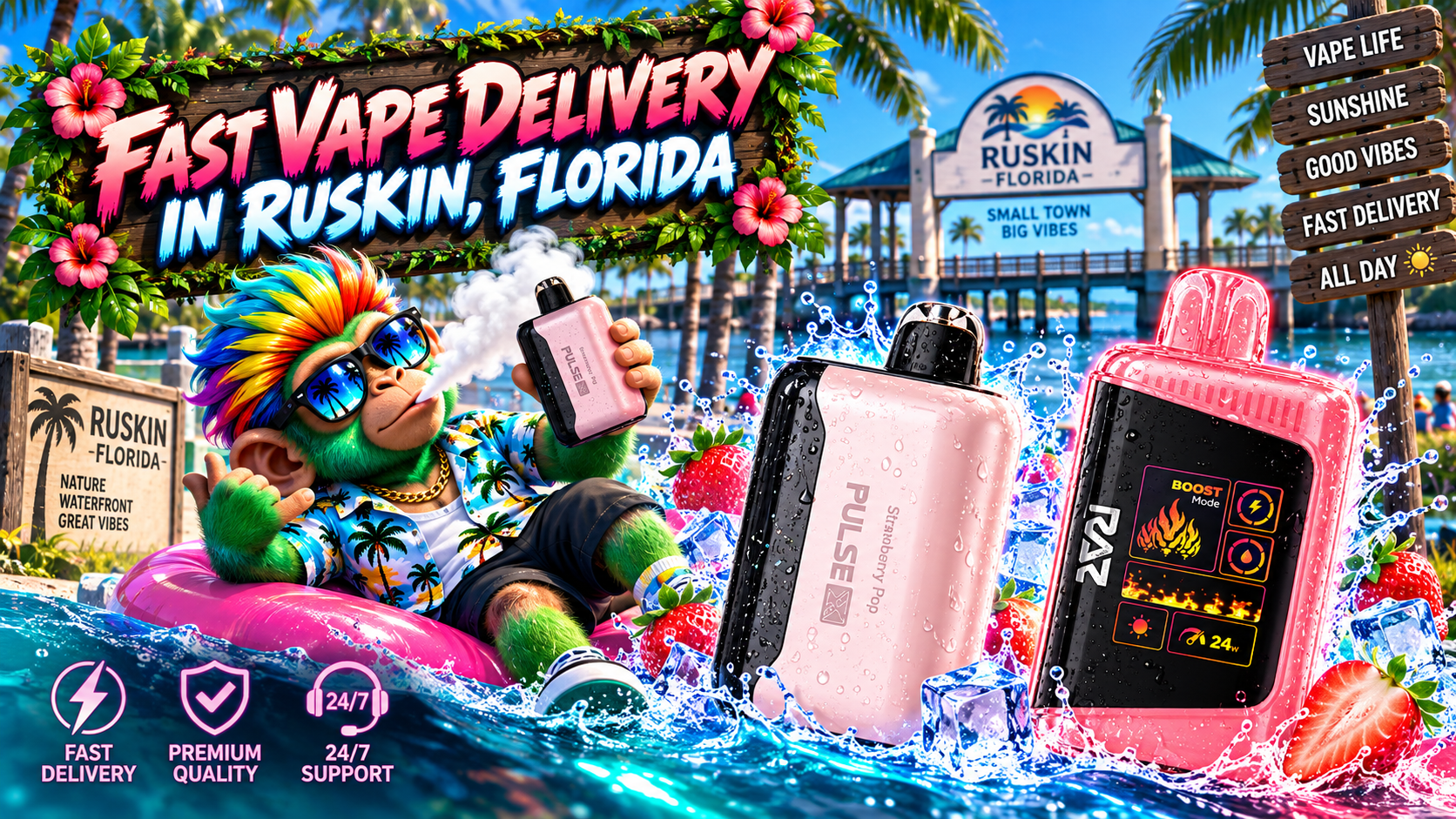 Fast Vape Delivery in Ruskin, Florida Colorful vape devices with water splashes, ice and strawberries by a sunny waterfront in Ruskin, Florida.