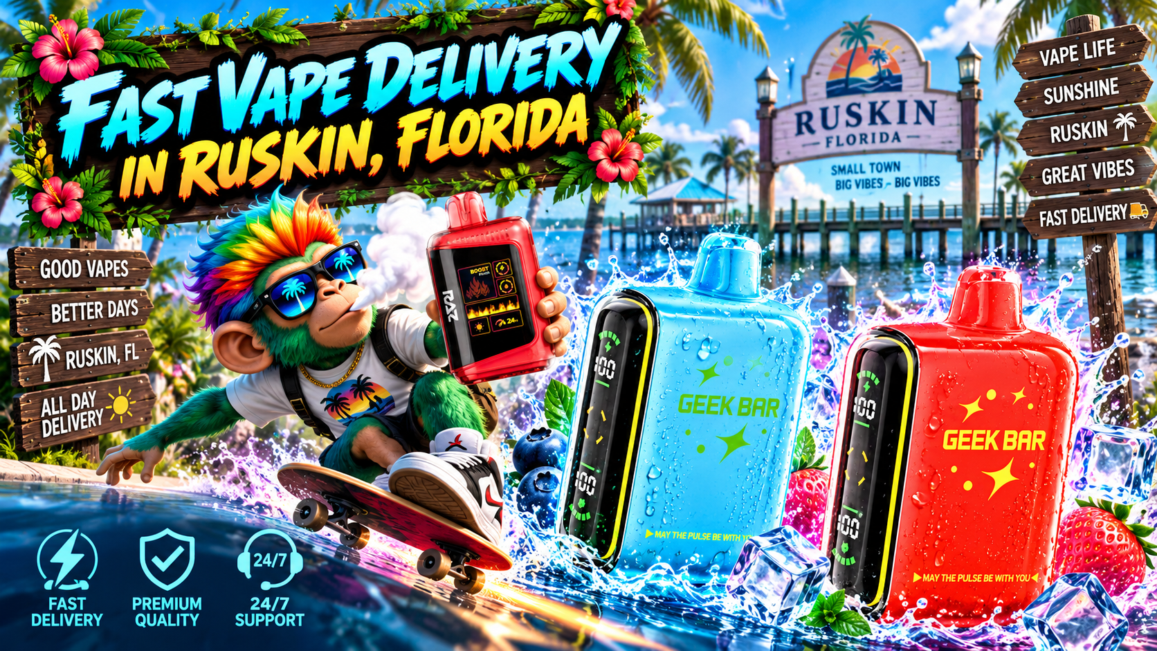 Fast Vape Delivery in Ruskin, Florida Colorful vape devices with water splashes, ice and berries in a bright tropical waterfront scene in Ruskin, Florida.