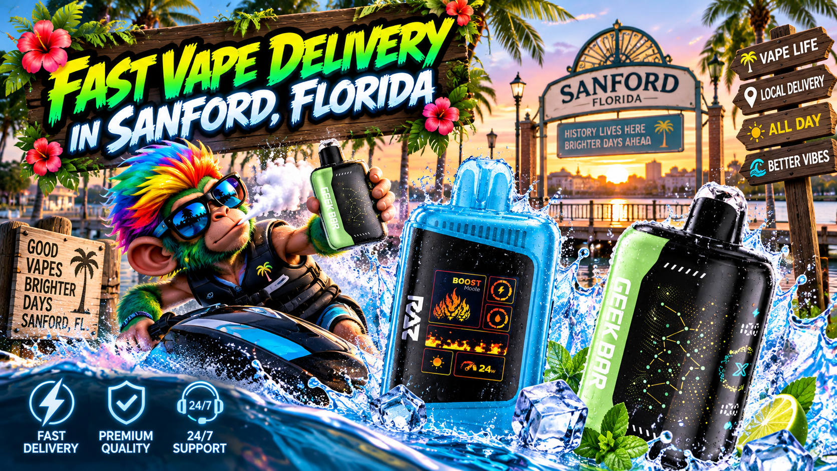 Colorful vape devices with water splashes and ice against a sunny waterfront scene in Sanford, Florida.