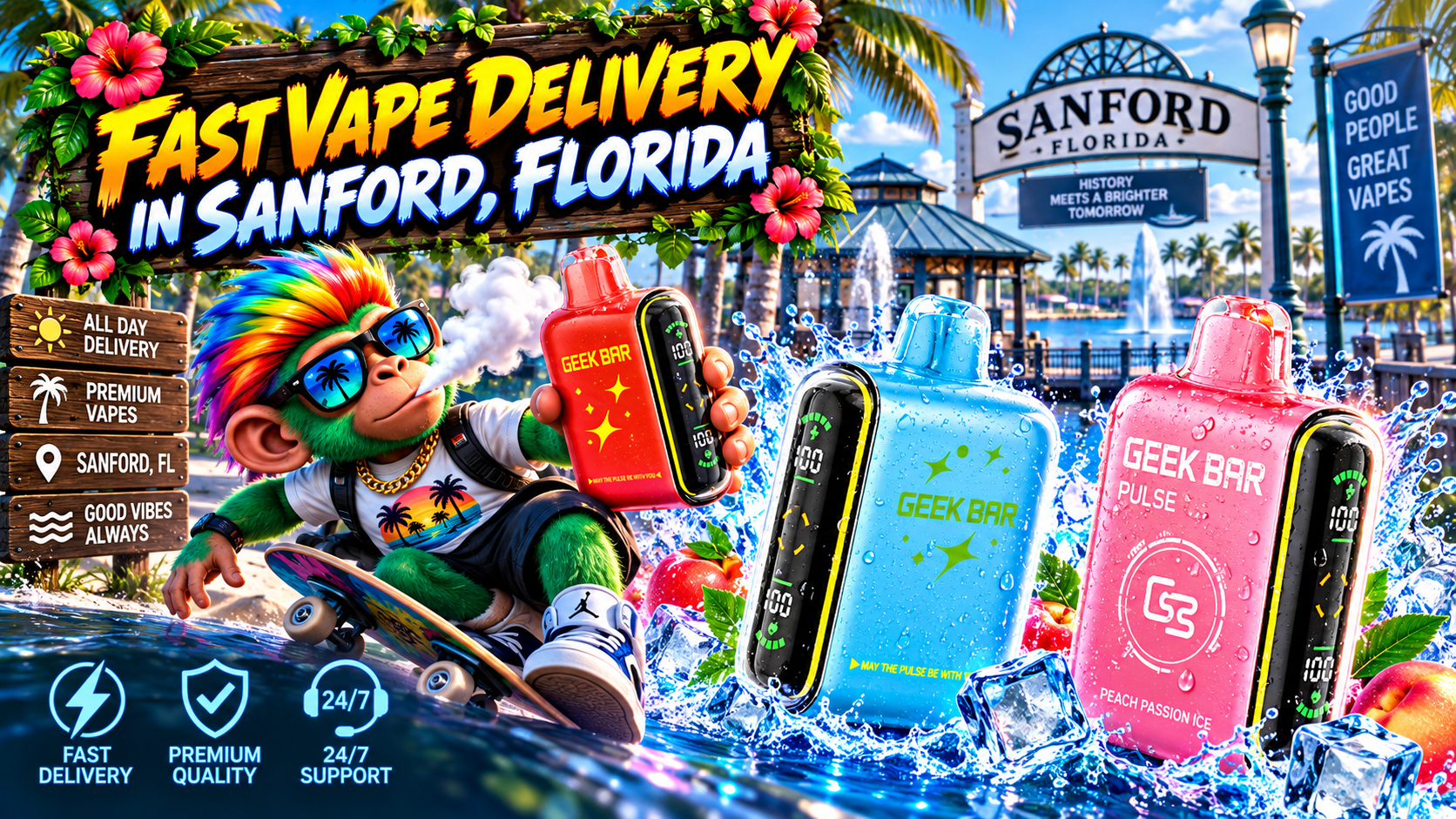 Colorful vape devices with water splashes, ice and fruit beside a sunny waterfront setting in Sanford, Florida.