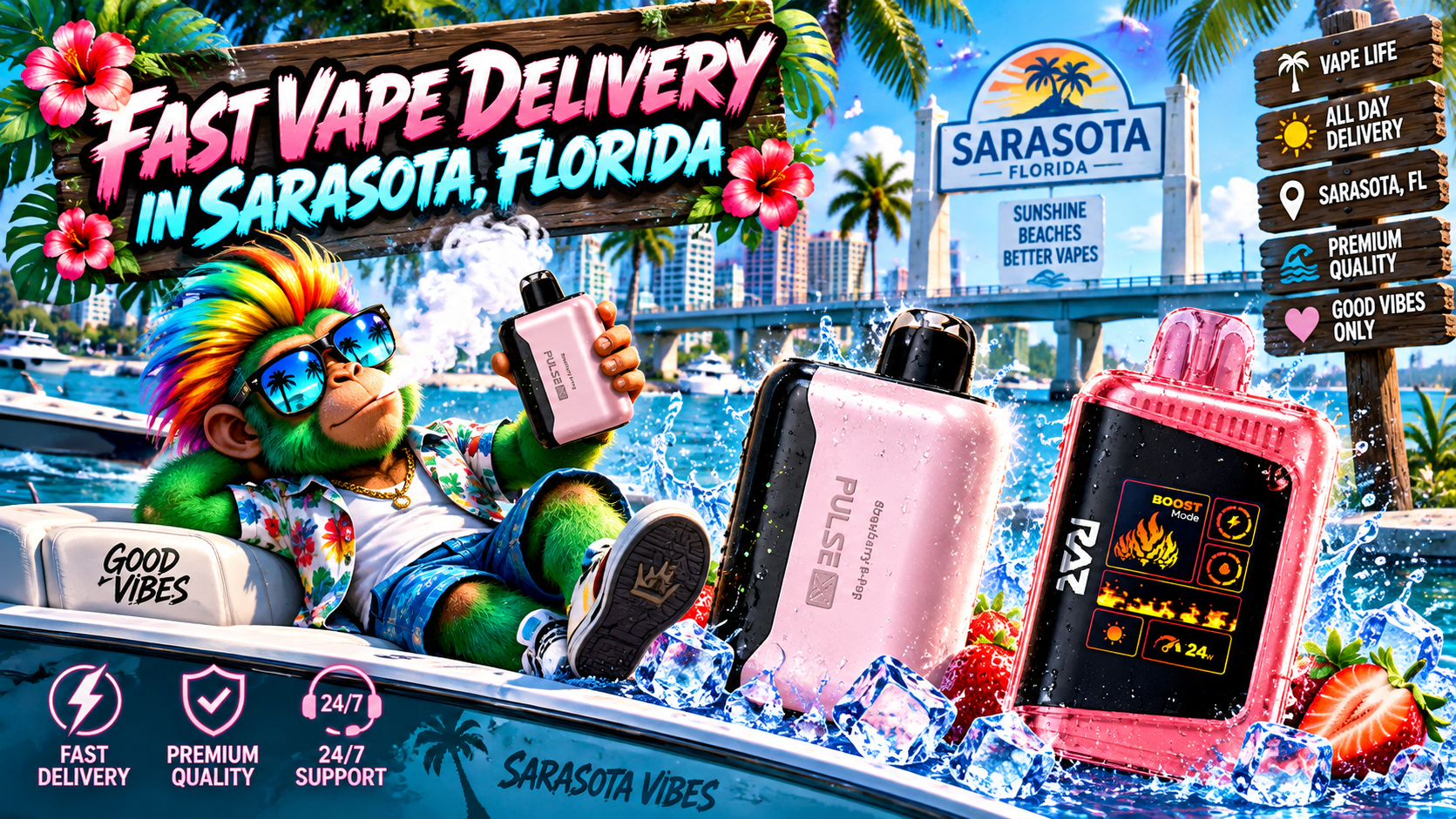 Colorful vape devices with water splashes, ice and strawberries in a sunny Sarasota waterfront scene.