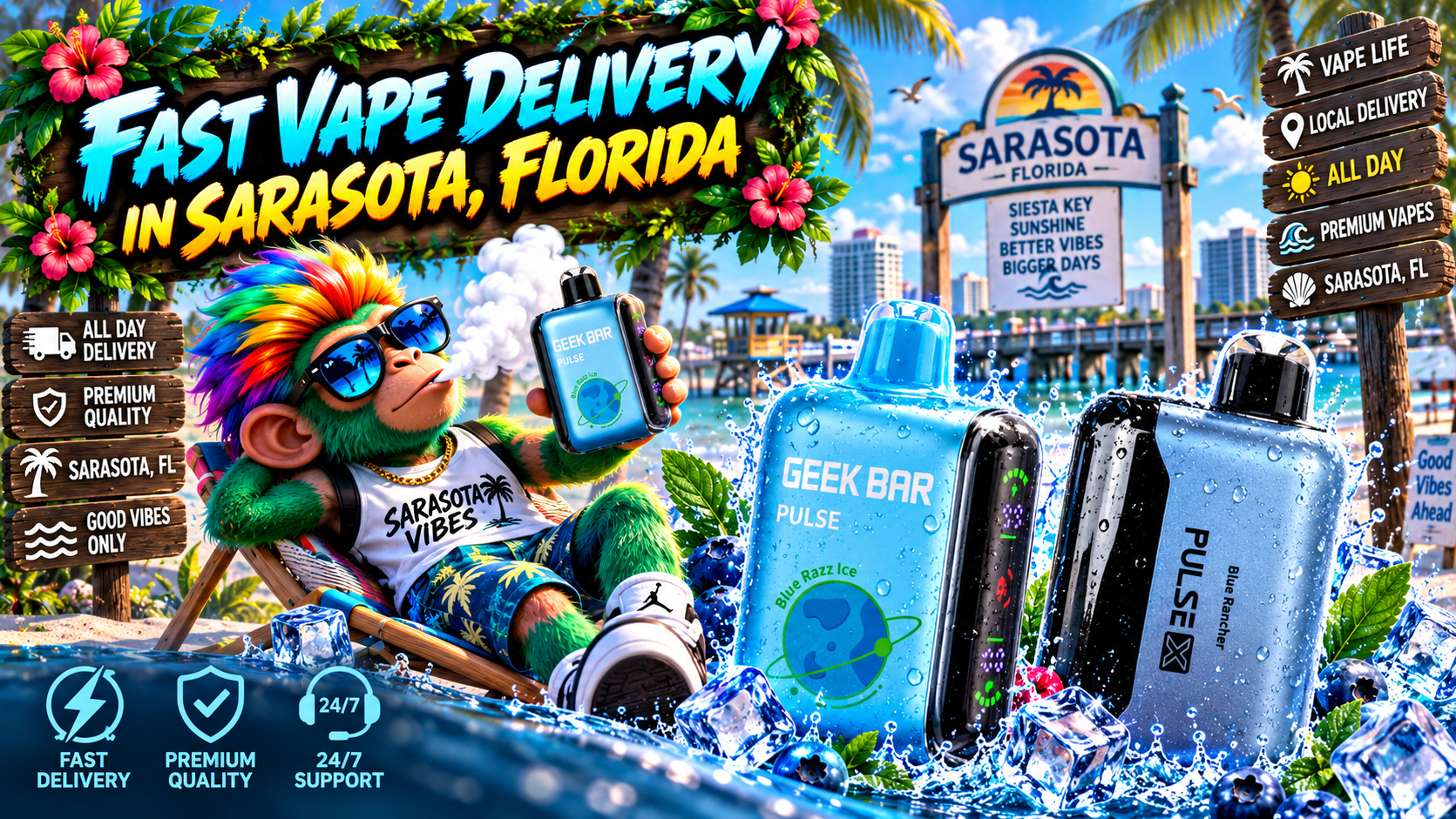 Colorful vape devices with ice, berries and water splashes in a bright tropical waterfront scene in Sarasota, Florida.
