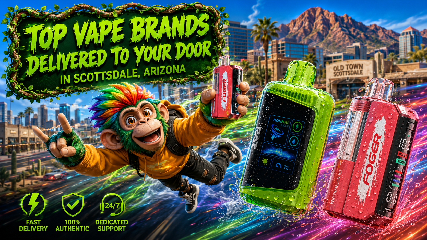 Colorful disposable vape devices with a delivery theme and a vibrant Old Town Scottsdale, Arizona backdrop.