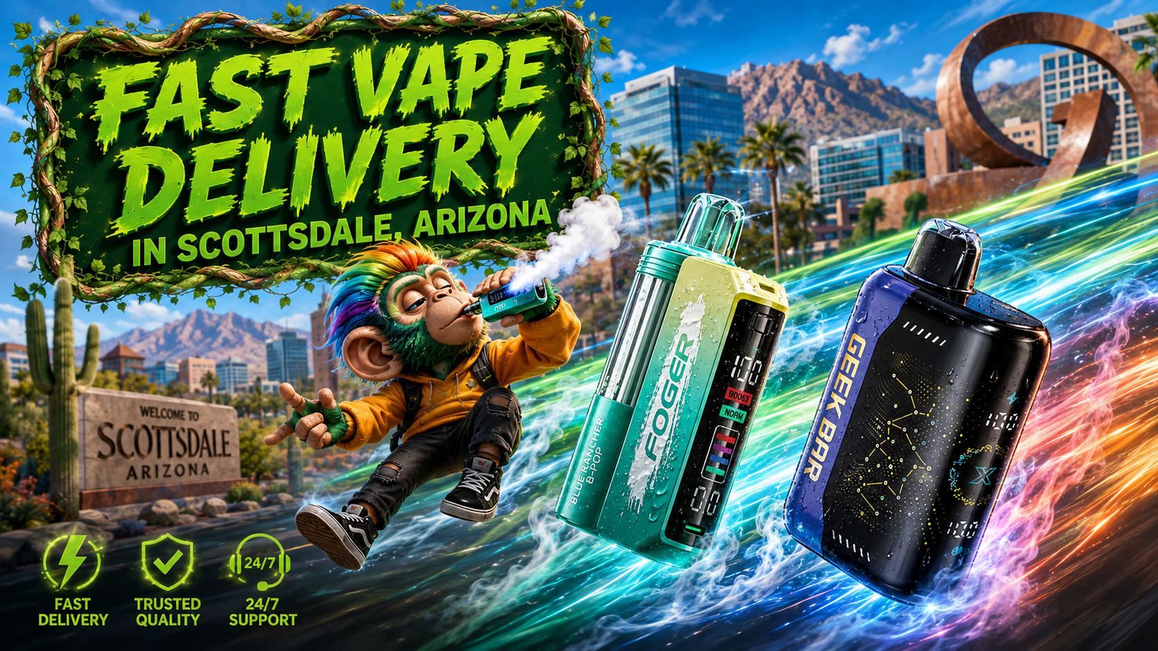 Modern disposable vape devices with a fast delivery theme and a vibrant Scottsdale, Arizona city backdrop.
