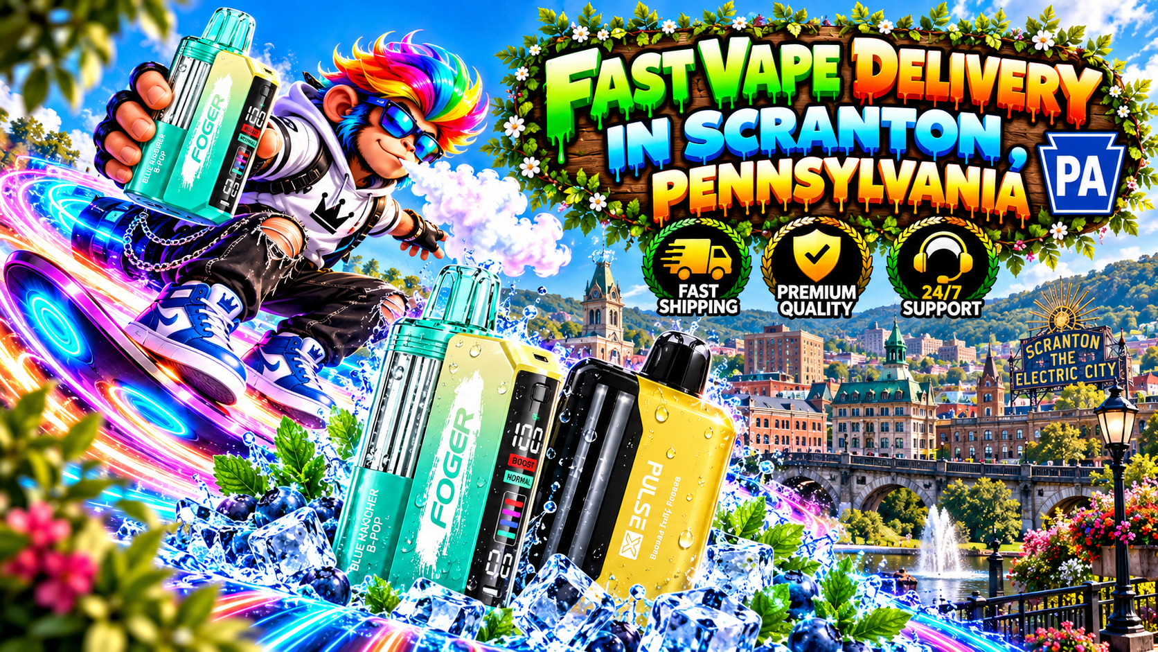 Fast Vape Delivery in Scranton, Pennsylvania – Vibrant Devices and Scenic City Landmarks Colorful vape devices with water droplets, ice crystals, neon trails, and a hoverboarding monkey above Scranton.