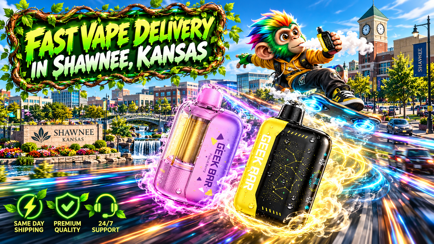 Colorful devices rush through luminous trails beside a sunny Shawnee, Kansas city scene with fountains.