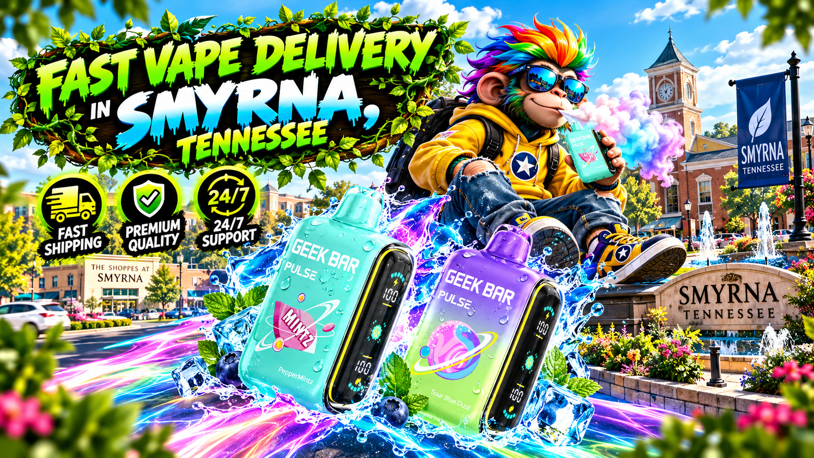 Bright delivery scene with colorful devices, water splashes, glowing trails, and scenic Smyrna landmarks.