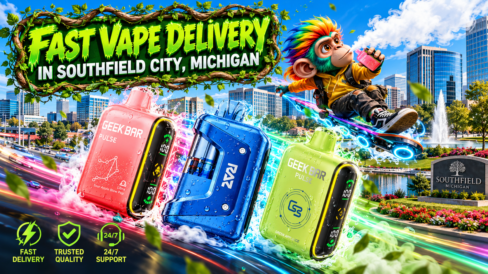Three colorful devices race through a bright Southfield cityscape with water splashes and vivid energy trails.