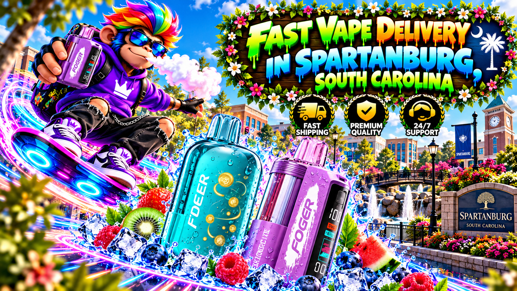 Fast Vape Delivery in Spartanburg, South Carolina Colorful delivery scene with water-detailed devices, neon motion trails, flowers, and sunny Spartanburg scenery.