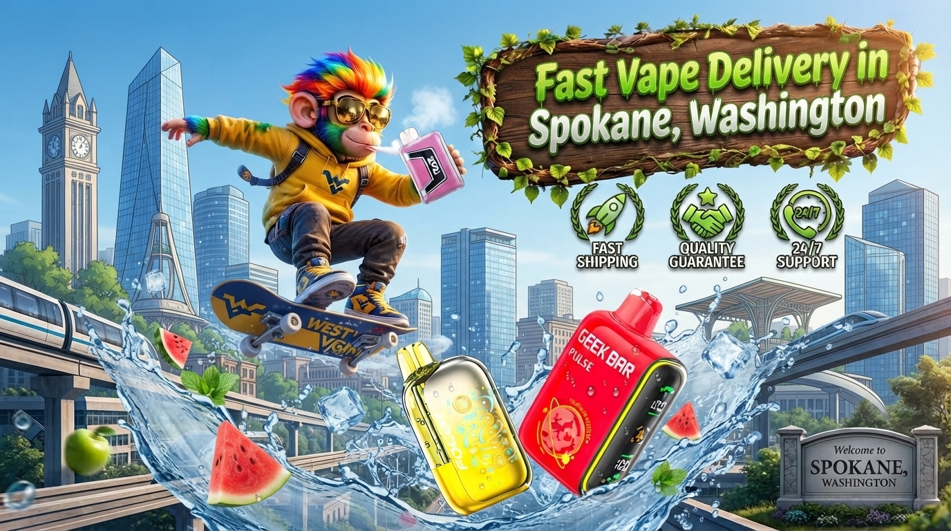 Bright devices surrounded by water splashes in a dynamic Spokane city scene with a playful skateboarding character.