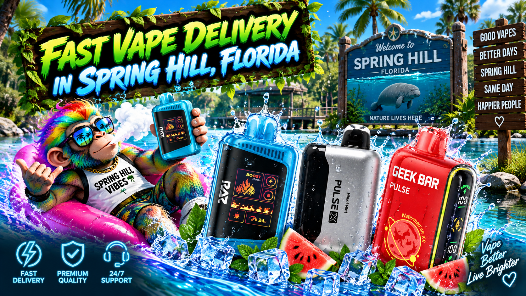 Colorful vape devices with water splashes, ice and fruit in a vibrant tropical Spring Hill setting.