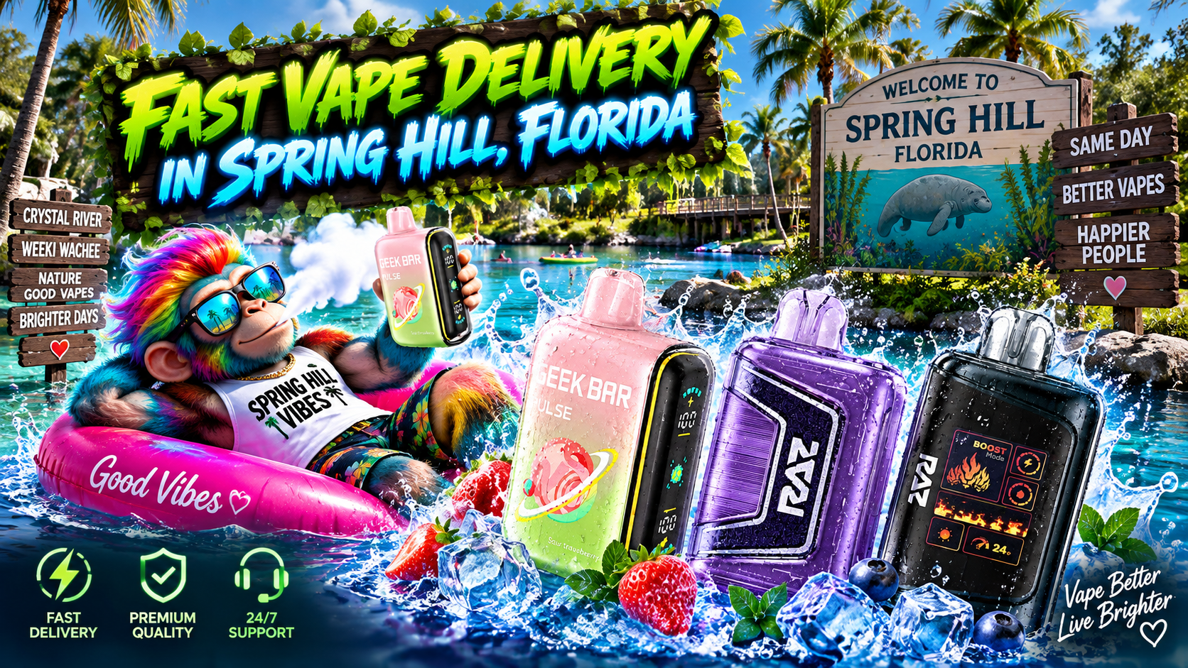 Colorful vape devices with water splashes, ice and berries in a sunny tropical Spring Hill scene.