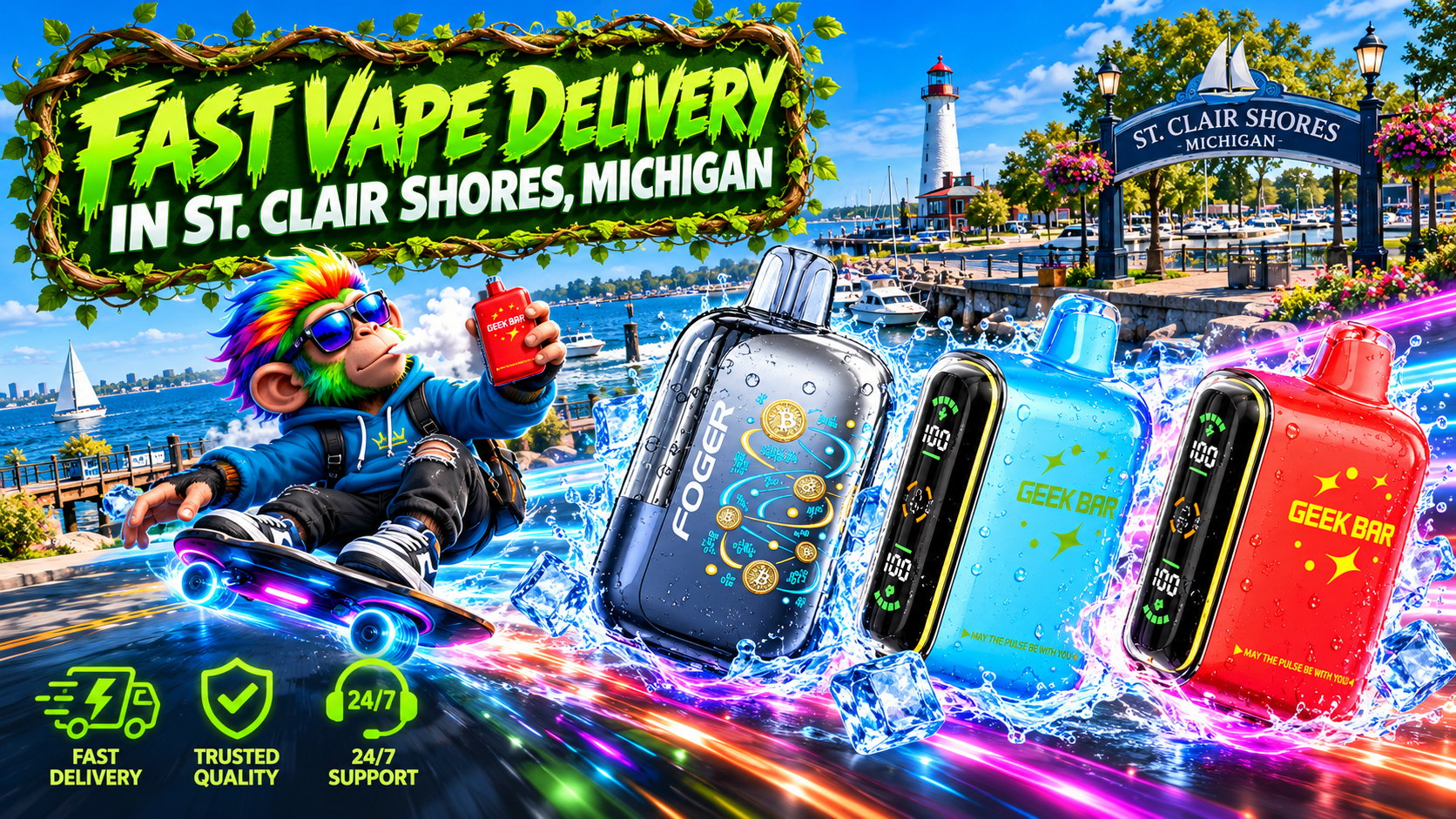 Waterfront Device Delivery in St. Clair Shores, Michigan Three colorful devices race along the St. Clair Shores waterfront with icy splashes and vivid light trails.