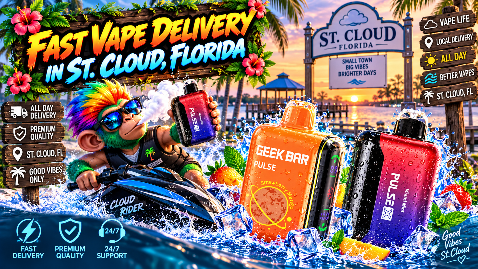 Fast Vape Delivery in St. Cloud, Florida Colorful vape devices with water splashes, ice and fruit in a vibrant sunset waterfront scene in St. Cloud, Florida.