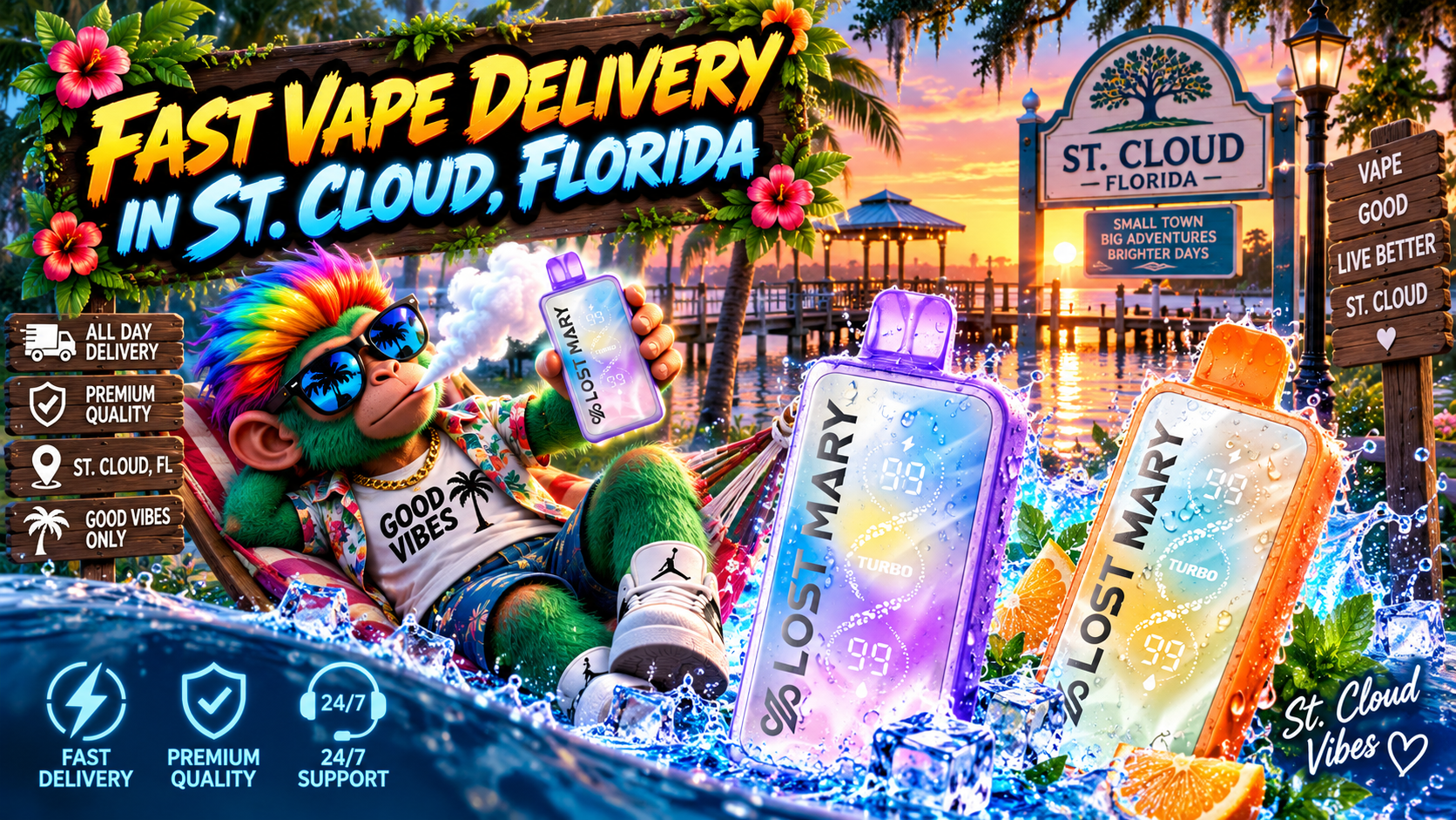 Fast Vape Delivery in St. Cloud, Florida Colorful vape devices with water splashes, ice and citrus in a vibrant sunset waterfront scene in St. Cloud, Florida.
