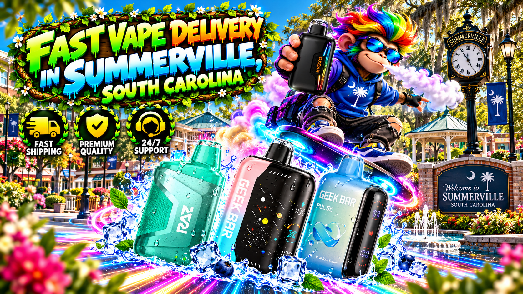 Colorful vape devices with water droplets, ice effects, neon trails, and a sunny Summerville city backdrop.