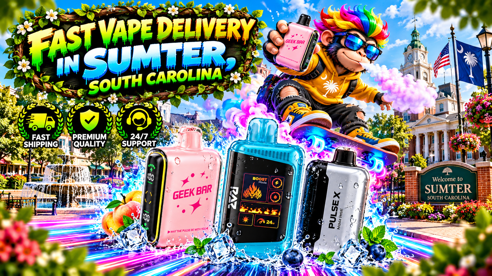 Fast Vape Delivery in Sumter, South Carolina With Vibrant Devices Colorful vape devices with water droplets, ice effects, neon trails, and a sunny Sumter, South Carolina backdrop.