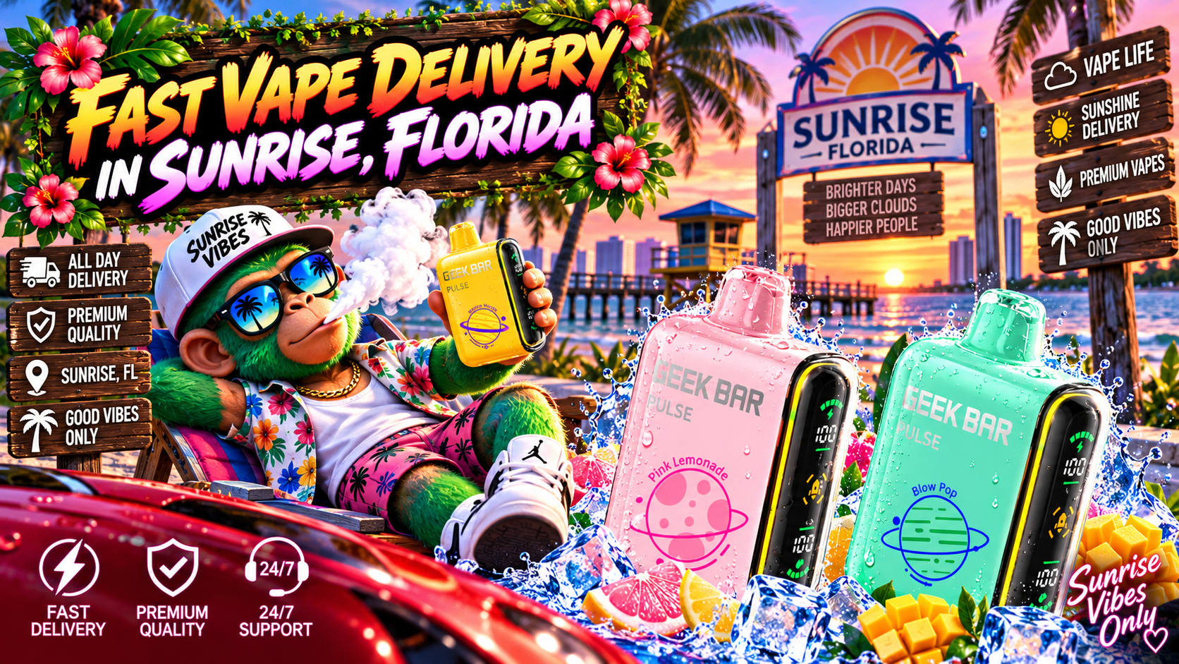 Fast Vape Delivery in Sunrise, Florida Colorful vape devices with water splashes, ice and tropical fruit in a vibrant sunset scene in Sunrise, Florida.
