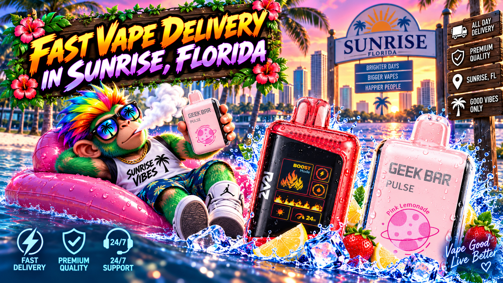 Fast Vape Delivery in Sunrise, Florida Colorful vape devices with water splashes, ice and fresh fruit against a tropical Sunrise, Florida sunset.