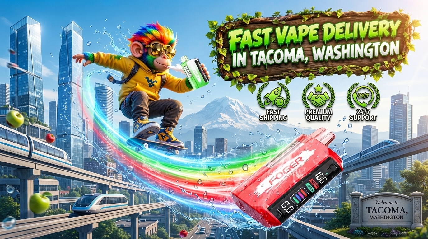 Dynamic device display with water splashes, colorful light trails, Tacoma skyline, and a playful character.