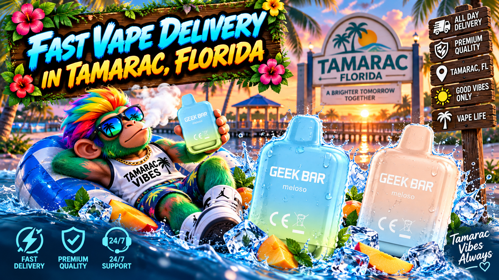 Fast Vape Delivery in Tamarac, Florida Colorful vape devices with water splashes, ice and fresh fruit in a tropical Tamarac, Florida sunset scene.