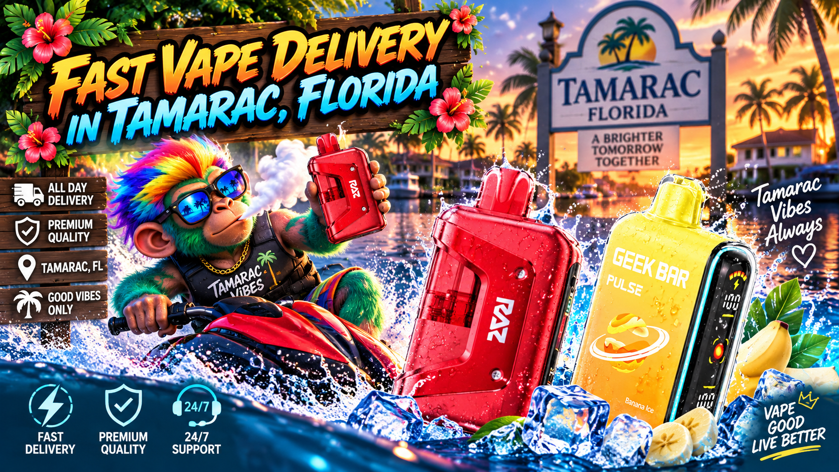 Fast Vape Delivery in Tamarac, Florida Colorful vape devices with water splashes, ice and banana slices in a vibrant tropical Tamarac sunset scene.