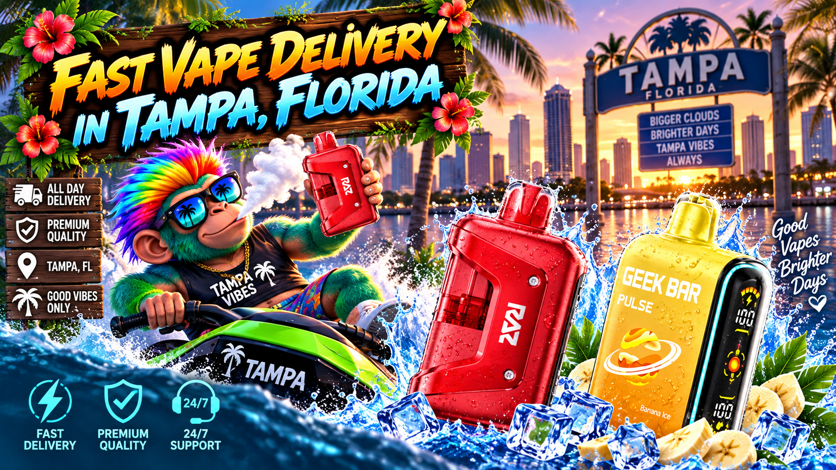 Fast Vape Delivery in Tampa, Florida Colorful vape devices with water splashes, ice and banana slices against a vibrant Tampa sunset skyline.