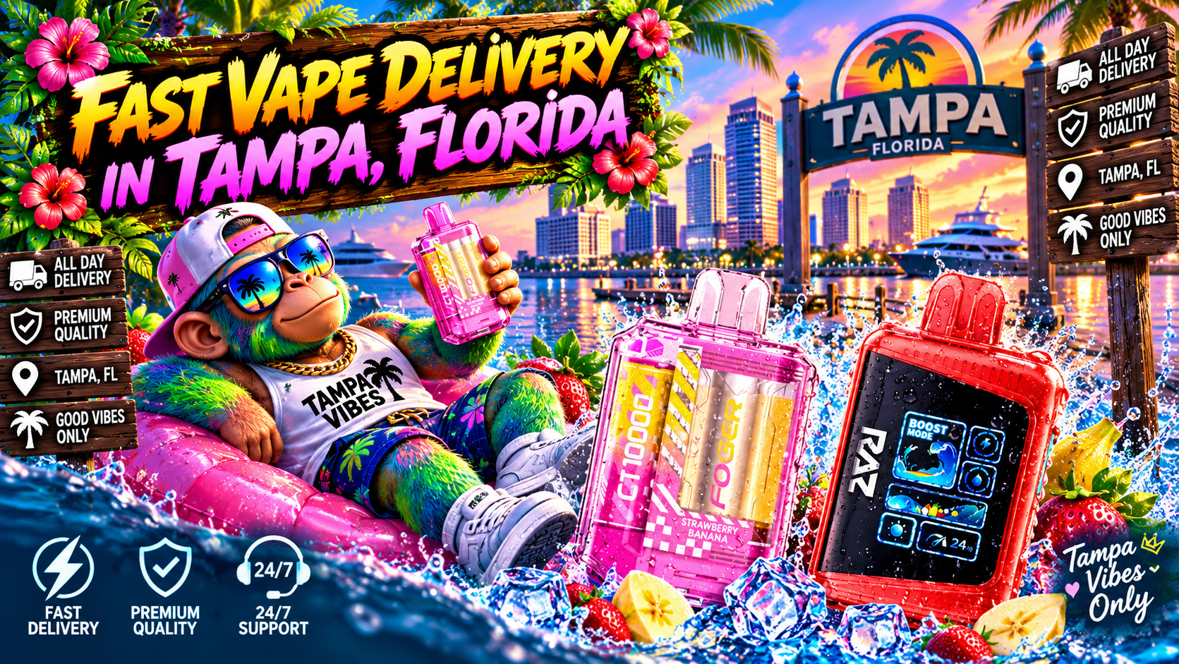 Fast Vape Delivery in Tampa, Florida Colorful vape devices with water splashes, ice and fresh fruit against a bright Tampa waterfront sunset.