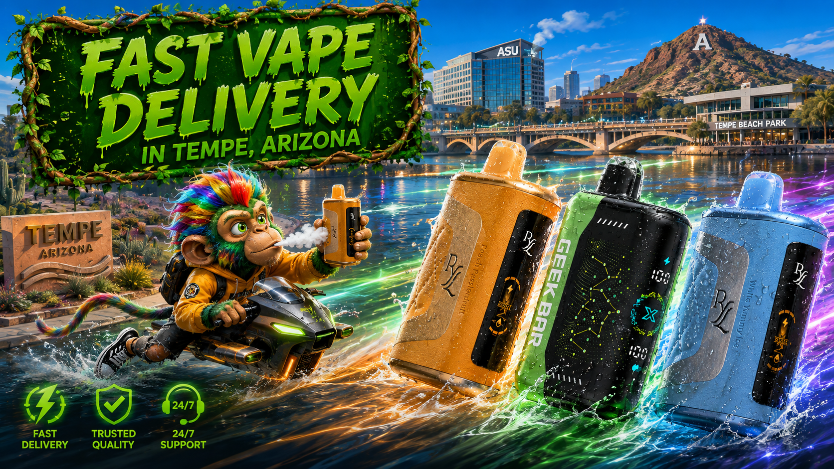 Fast Disposable Vape Delivery in Tempe, Arizona Colorful disposable vape devices with fast delivery theme in Tempe, Arizona and a vibrant city skyline backdrop.