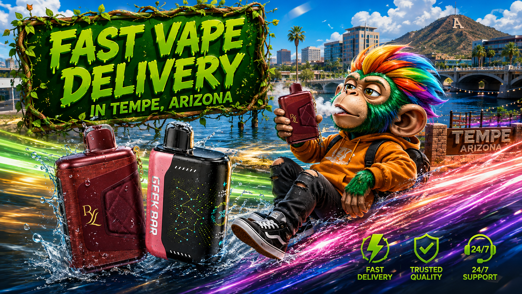 Fast Disposable Vape Delivery in Tempe, Arizona Modern disposable vape devices with a fast delivery theme and a vibrant Tempe, Arizona waterfront backdrop.