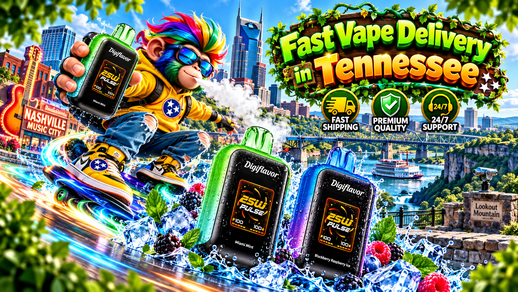 Colorful delivery scene with modern devices, water splashes, ice details, and a vibrant Tennessee city backdrop.