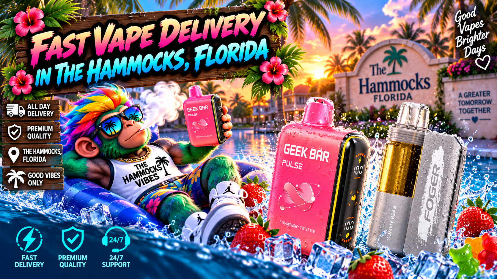 Colorful vape devices with water splashes, ice and fresh fruit in a tropical sunset scene in The Hammocks, Florida.