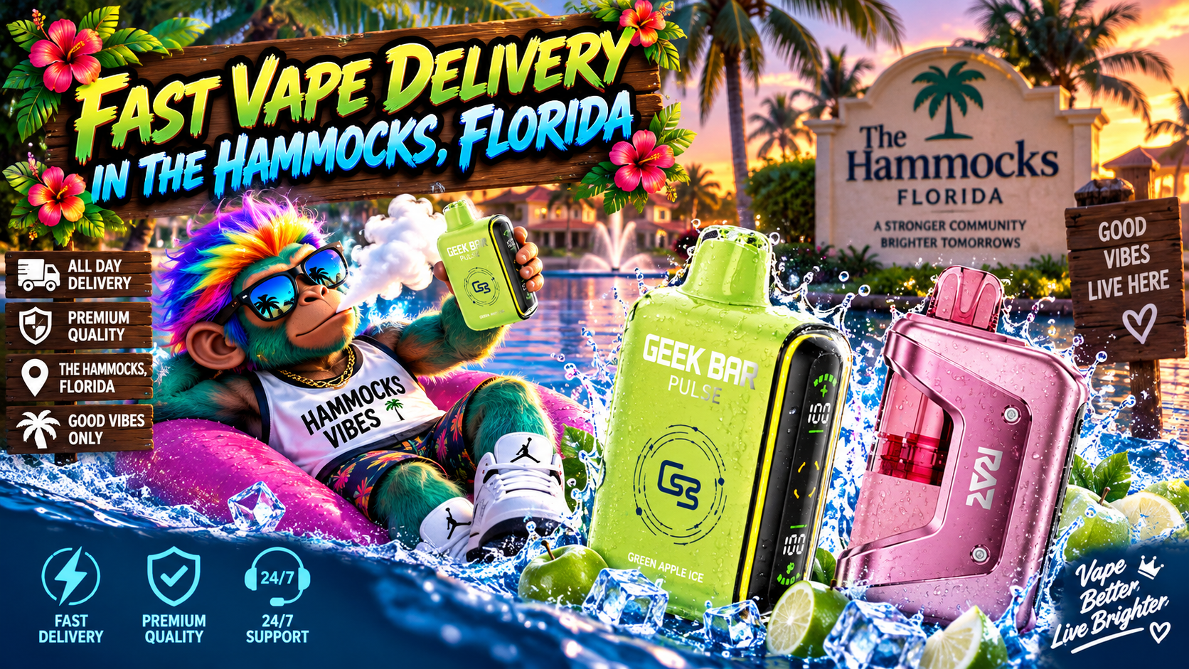 Colorful vape devices with water splashes, ice and green apples in a tropical sunset scene in The Hammocks.