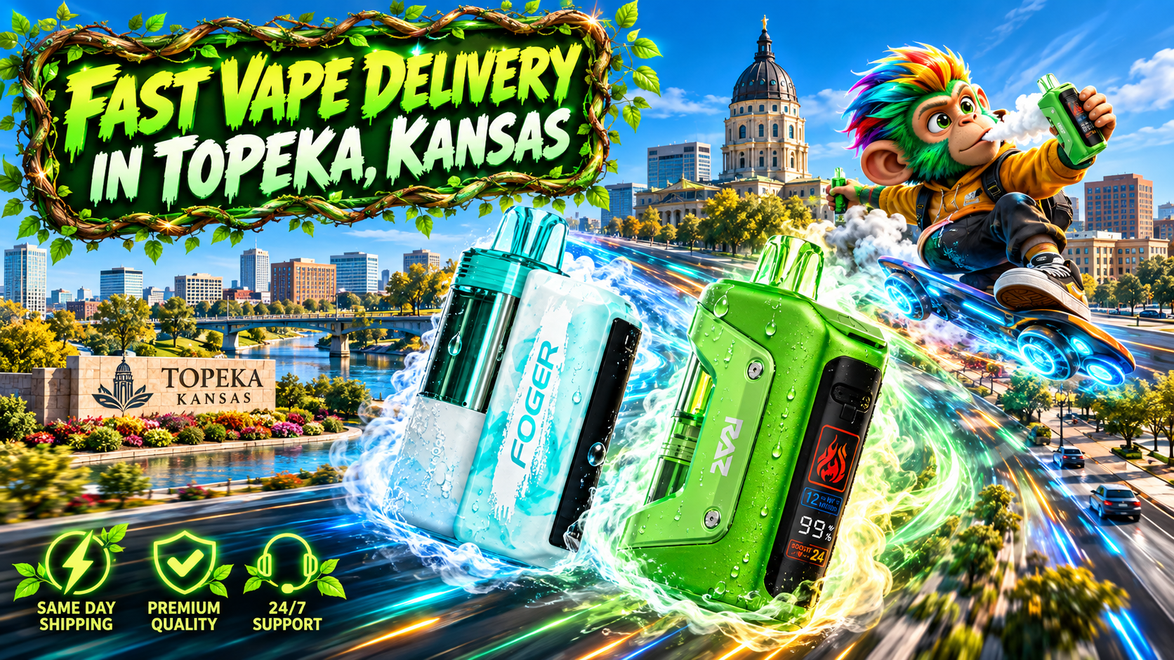 Sleek devices sweep through electric light trails with the Topeka, Kansas skyline and capitol in view.