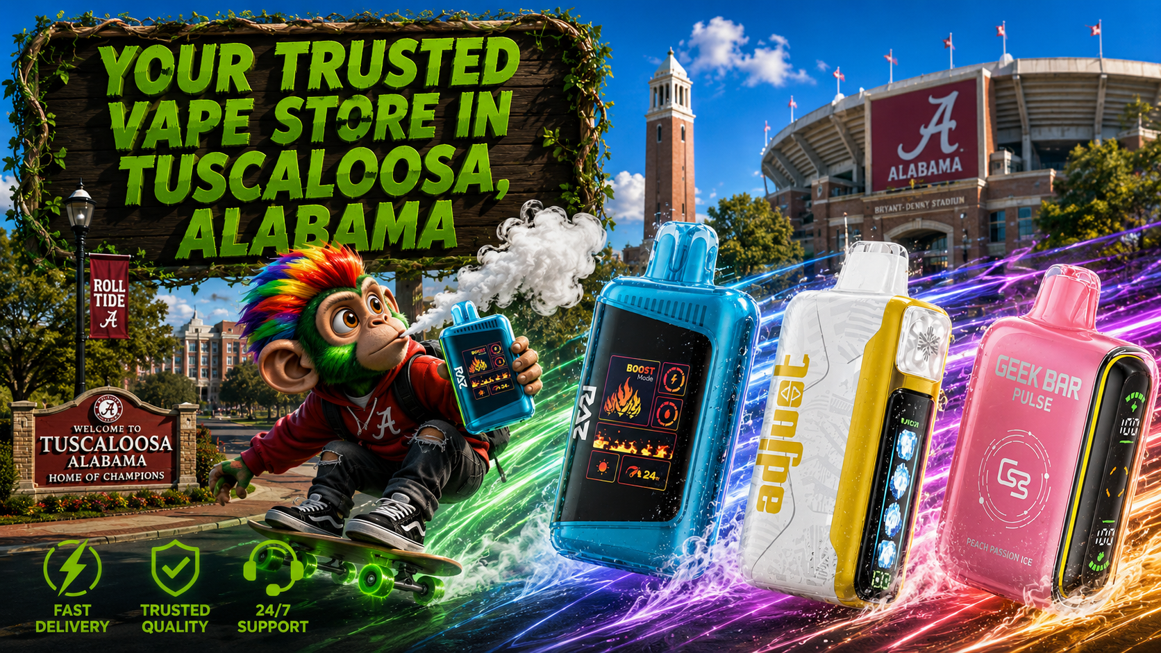 Colorful Rechargeable Devices with Fast Delivery Theme Three rechargeable devices with vibrant energy trails and a Tuscaloosa city backdrop highlighting fast delivery service.